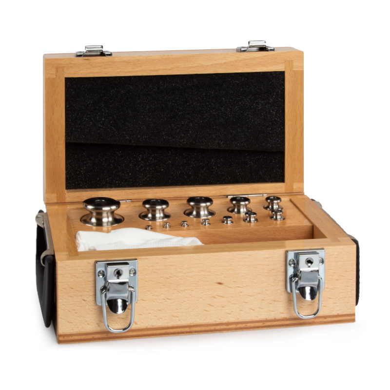 Pesas de clase M1, cilíndrico, juego (1 g - 500 g), caja de madera